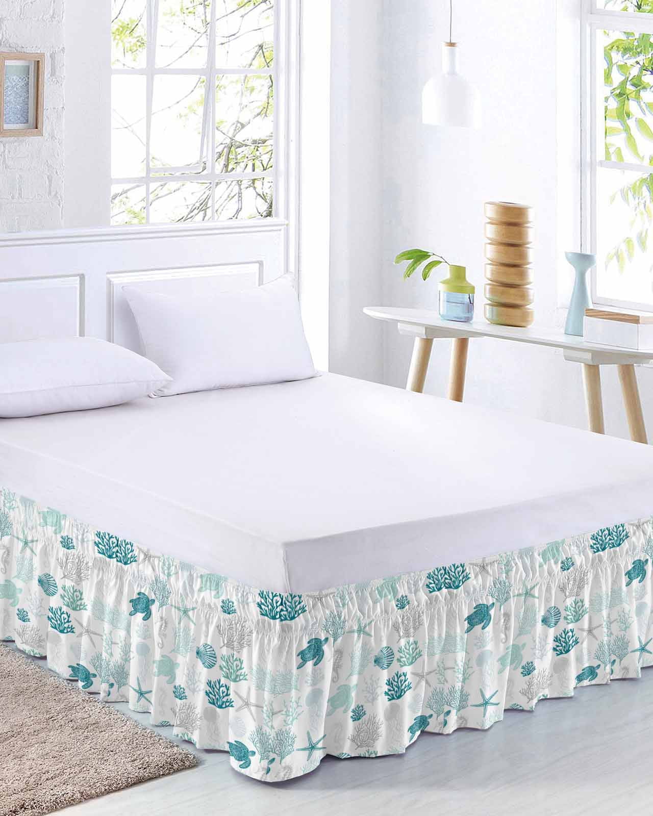Turquoise Coastal Bed Skirt Queen Size,Nautical Summer Beach Coral Sea Turtle Wrap Around Bed Skirting with Adjustable Elastic Strap,Dust Ruffle Pleated Bedskirts 16 Inch Drop for Bedroom Queen Beds
