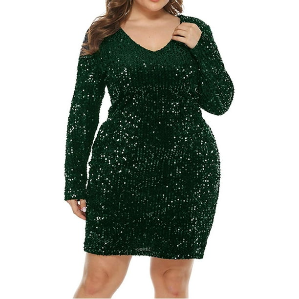 Womens Plus Size Sequin Dress V Neck Party Cocktail Sparkle Glitter Evening  Stretchy Mini Bodycon Dresses