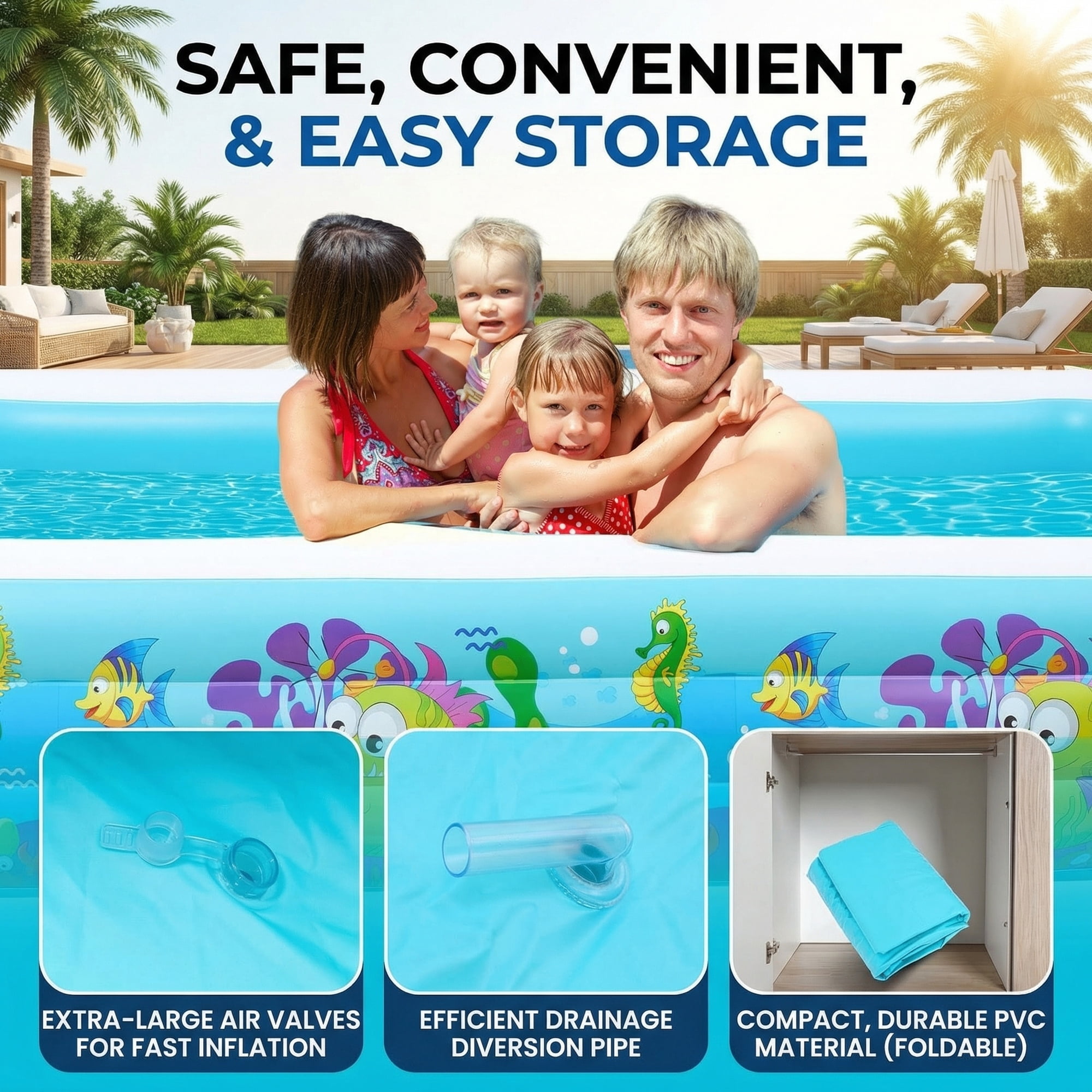 Naipo Inflatable Swimming Pool for Kids and Adults, 120"x72"x22" Oversized Thickened Family Swimming Pool for Toddlers, Outdoor, Garden, Backyard, Summer Water Party, Cartoon Patterns
