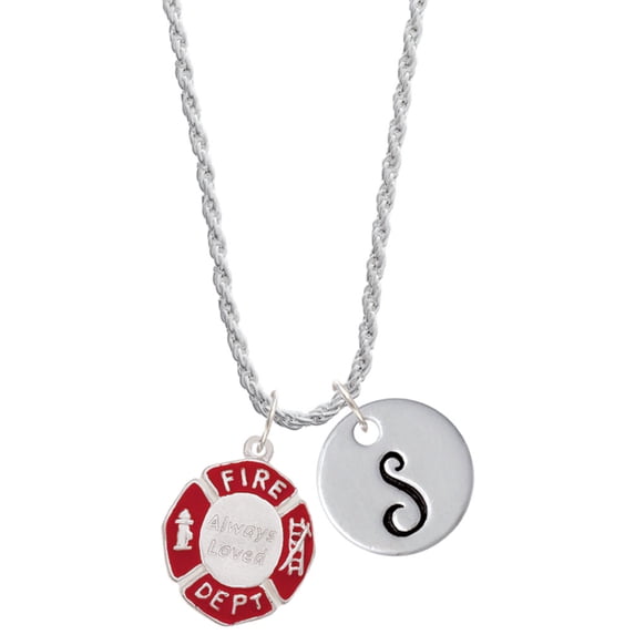 Delight Jewelry Silvertone Red Always Loved Fire Department Shield Silvertone Script Initial Disc - S - Charm Necklace, 20"+3"
