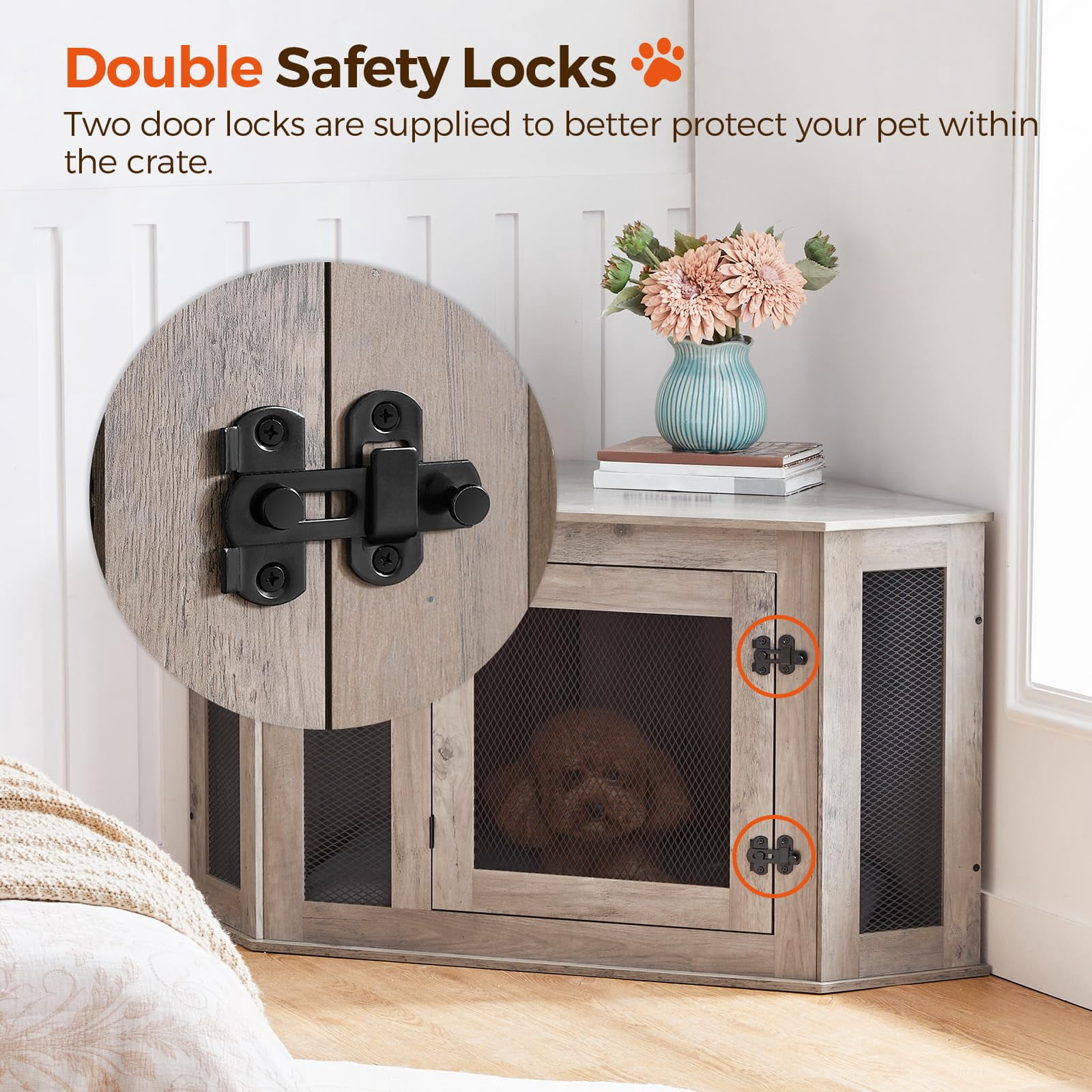 Greige Corner Dog Crate Furniture, Wooden Pet Kennel End Table for Small-Medium Dogs