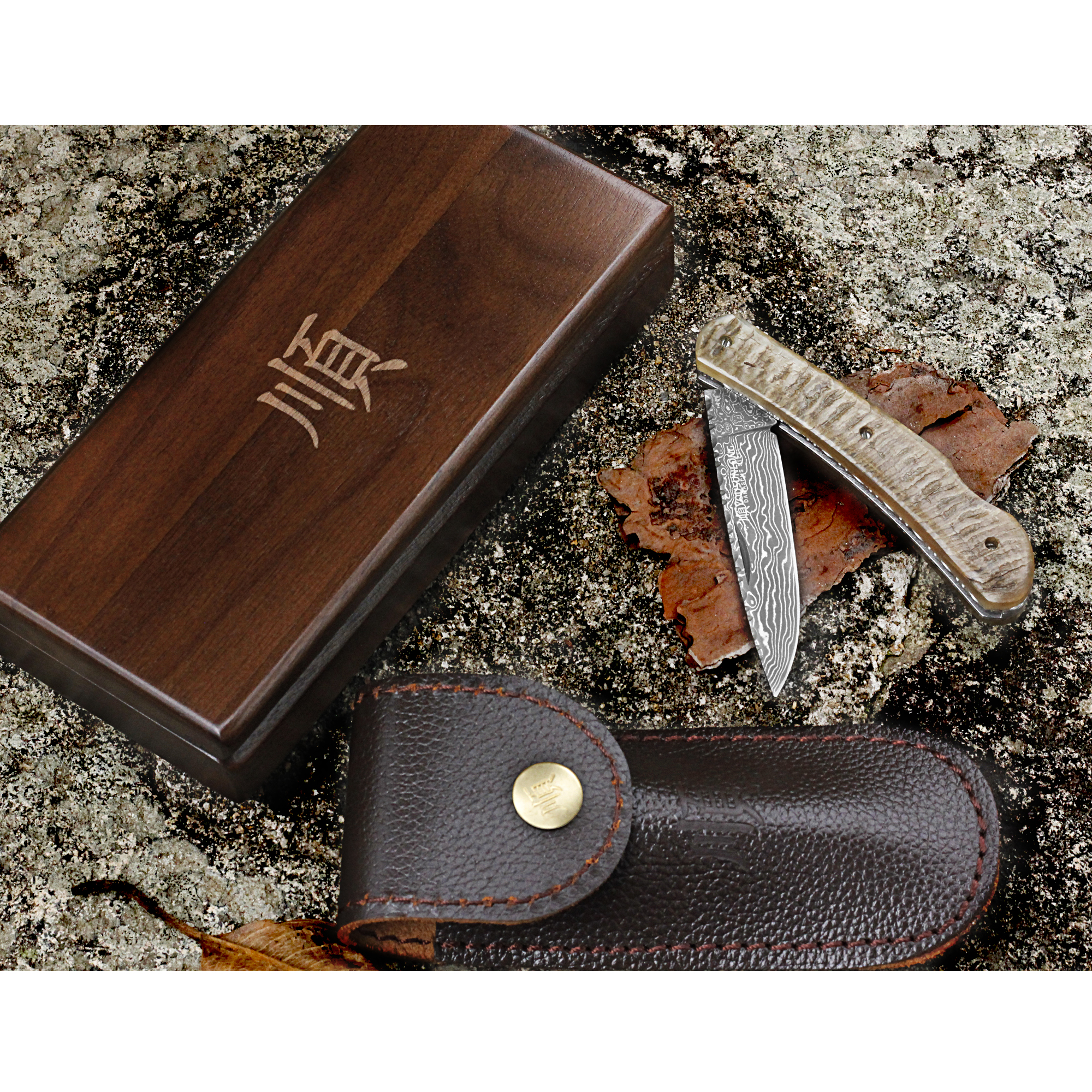 YOUSUNLONG Folding Knife Pocket Knife Overall 175mm - Japanese Damascus Steel Natural Antelope Horn Handle