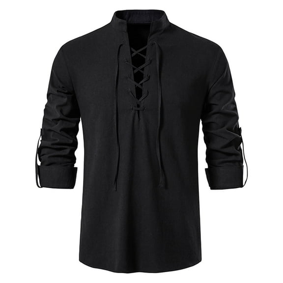 YLSDY Men's Fashion Long Sleeve Tunic Shirts Vintage Medieval Renaissance Lace Up V Neck Linen Henley Shirts Pirate Gothic Tops Black XXL