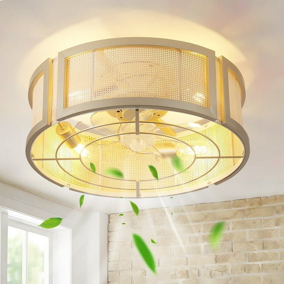 20" Boho Rattan Caged Ceiling Fan with Light, Gold Flush Mount Ceiling Fan with Light Remote Control with 6 Speeds for Bedroom, Living Room, Nursery