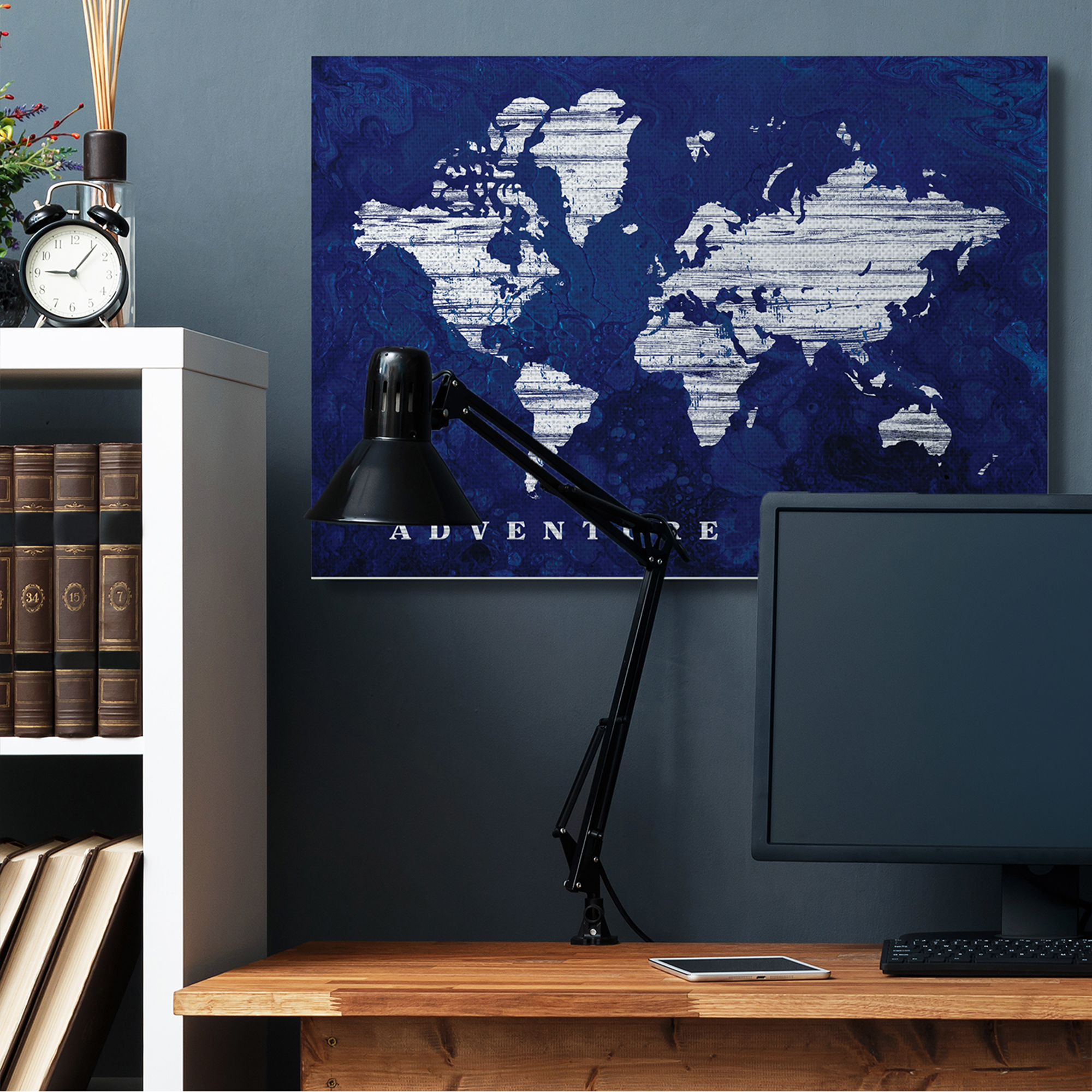 Stupell Industries Adventure Awaits Sentiments Navy Blue World Map,36 x 48,Designed by Cindy Jacobs