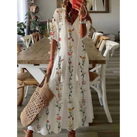 White 4 Floral Embroidered V-Neck Loose Midi Dress With Tassel Detail