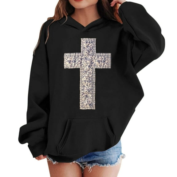 SonxaHe Toddler Girl Hooded Sweatshirt Long Sleeve Cross Prints Comfy Fall Winter Drop Shoulder Hoodie Black,Sized 3-4