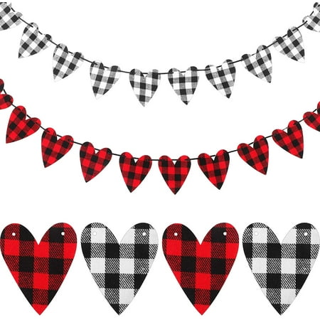 2 Pieces Valentine's Day Bunting Banner Buffalo Plaid Heart Garland Sign Valentines Check Fabric Love Banner for Valentine's Day Wedding Home Office Mantle Fireplace Holiday Decoration (Classic Color)