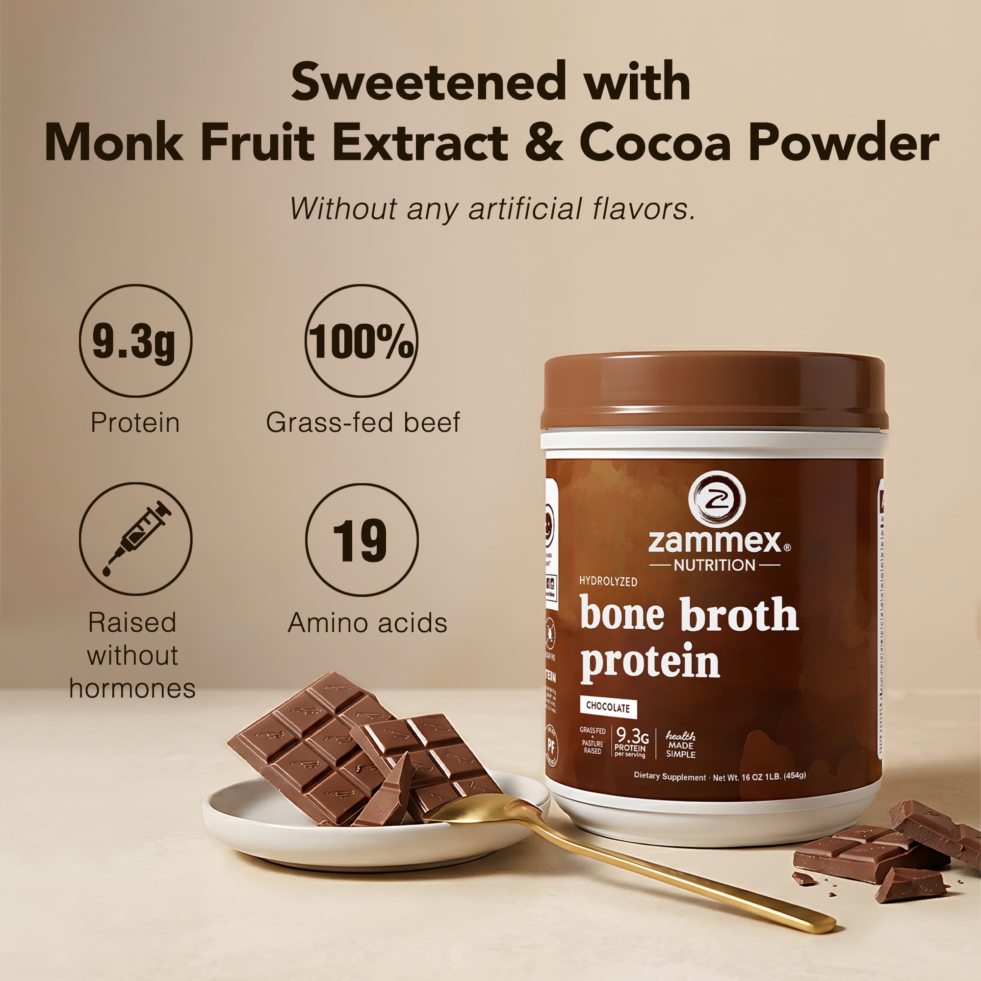 Zammex Bone Broth Powder Chocolate Flavor 1 lb, Grass Fed Beef Bone Broth Protein Powder with Hydrolyzed Collagen Peptides, 41 Servings