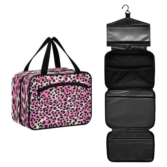 Travel Toiletry Bag with Metal Hook Large Capacity Cosmetic Bag Toiletry Bags for Travel, Gym, Camping Pink and Black Leopard