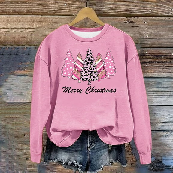 pimelu Christmas Sweater Womens Merry Christmas Sweatshirt Fashion Pink Leopard Christmas Tree Graphics Sweater Tops Plus Size Crewneck Long Sleeve Pullover Shirt