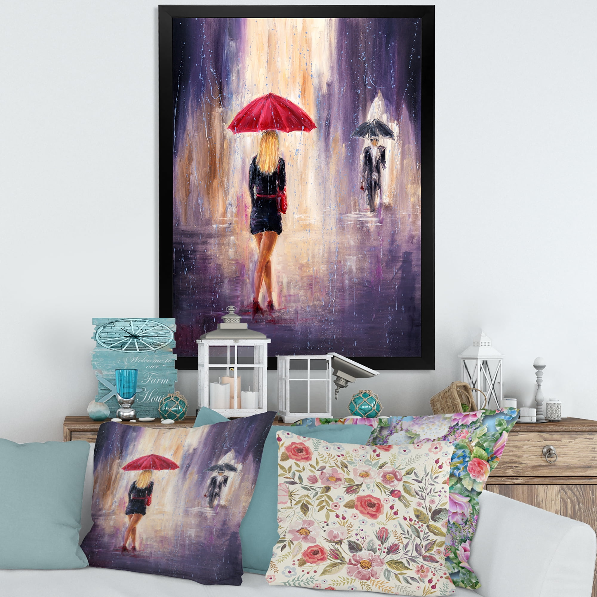 Designart 'The Girl With The Umbrella Walking In The Rain II' French Country Framed Art Print