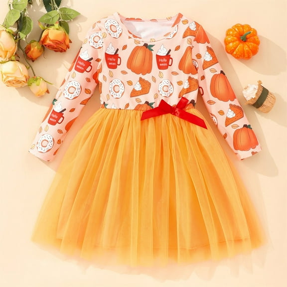 EnJoCho Girls Holiday Princess Dress Pumpkin 𝖥loral Tulle Long Sleeve Halloween Christmas Par𝗍y Outfit 3-7 Years
