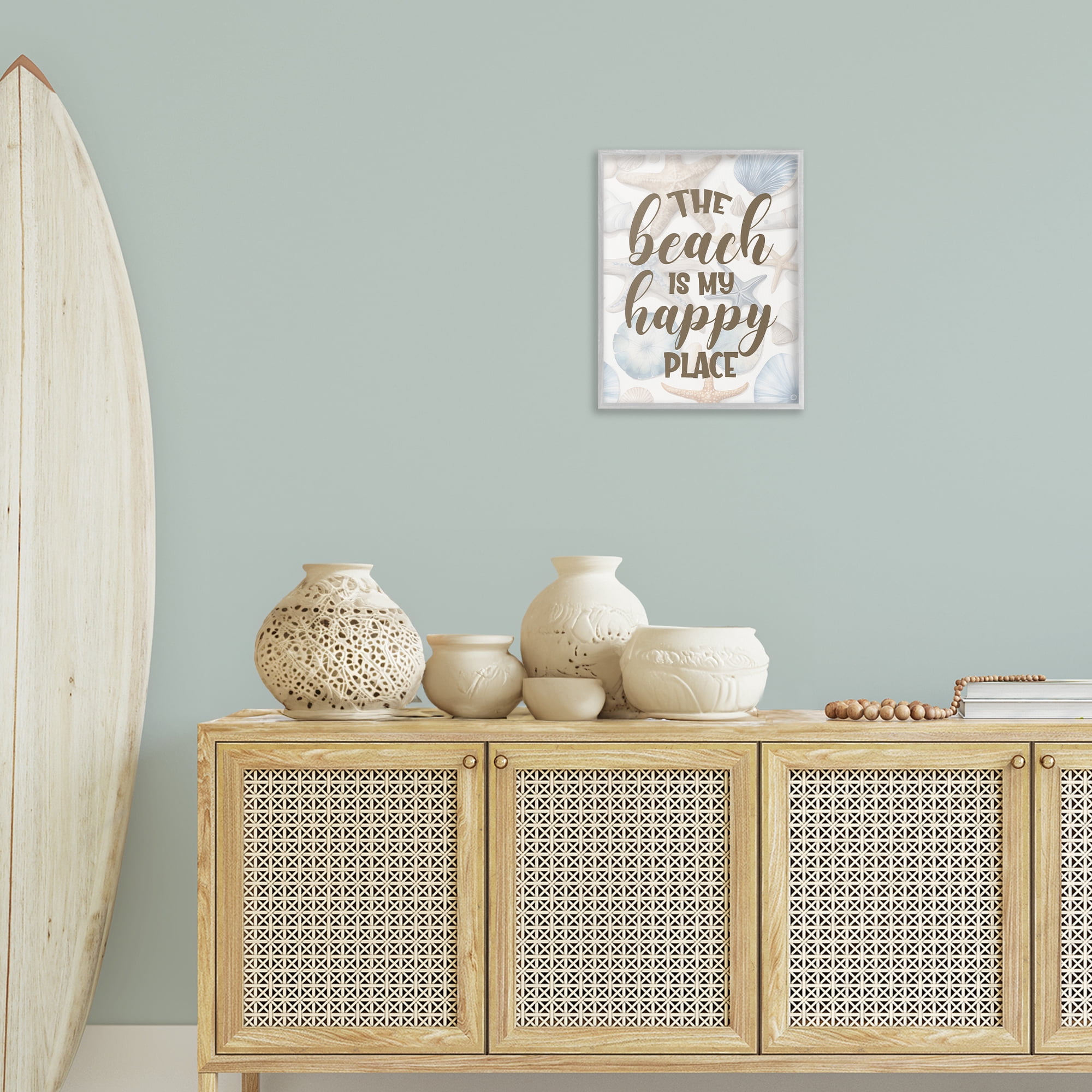 Stupell Industries Beach Happy Place Typography Painting Gray Framed Art Print Wall Art, 16 x 20