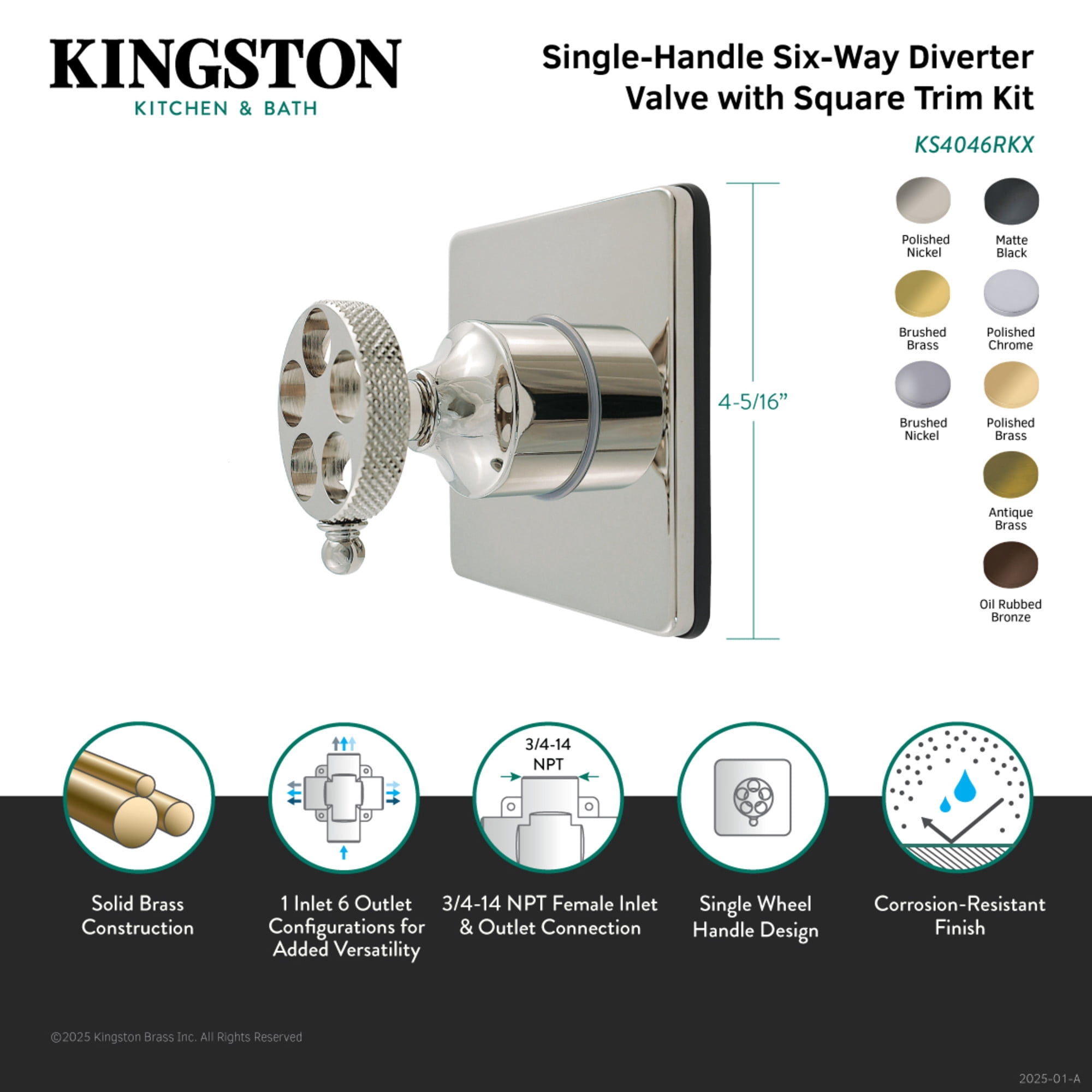 Kingston Brass KS4043RKX Webb Single-Handle Six-Way Diverter Valve with Knurled Handle and Square Trim Kit, Antique Brass
