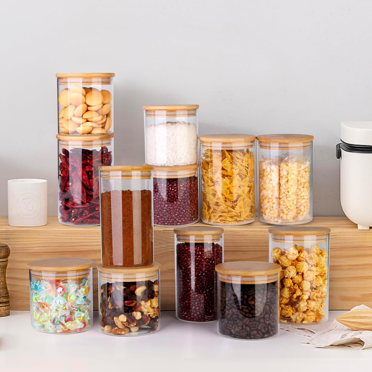 Panzexin Glass Food Storage Jars, Food Containers with Airtight Bamboo Lids for Pasta, Cookies, Nuts, Coffee Beans, Cereal, Glass Canisters for Kitchen, Pantry Organization,Set of 4