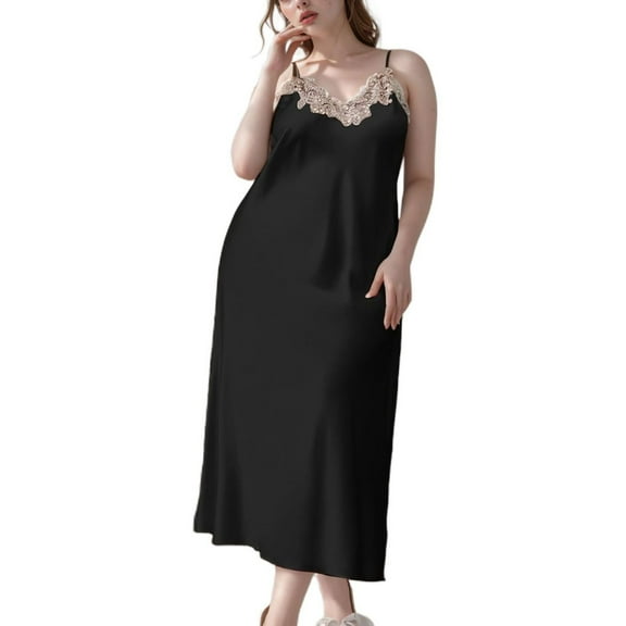 SWSMCLT Women's Sexy Nightgown Summer Cami Chemise Loungewear Pajamas Dress Plus Size Soft Long Silky Thin Comfy Spring Black 18