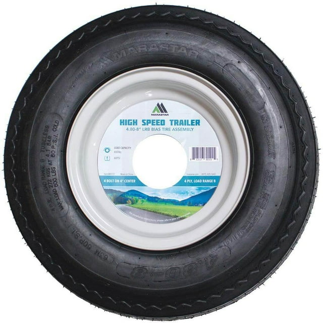 MARASTAR 4.80/8 Inch LRB Bias Trailer Tire Mounted on White Solid 4 Lug Wheel