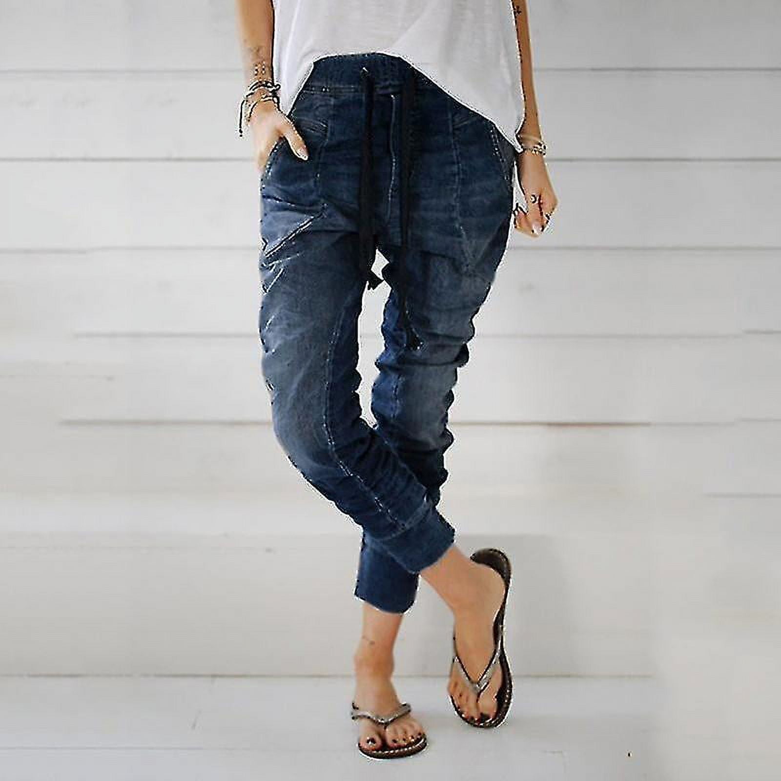 Women's Harem Pants - Drop Crotch Ripped Denim Jeans With Elastic Waist