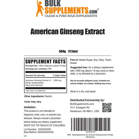 BulkSupplements American Ginseng Extract Powder - 1g per Serving - 500 Grams (1.1 lbs) - 500 Servings