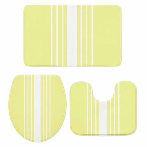 Yellow White Stripe Bath Mat 3 Piece Bathroom Rug Set, Modern Rustic Vertical Striped Non Slip Bath Rug Contour Mat and Toilet Lid Cover, Absorbent Shower Mats Soft Bath Rugs and Mats Sets