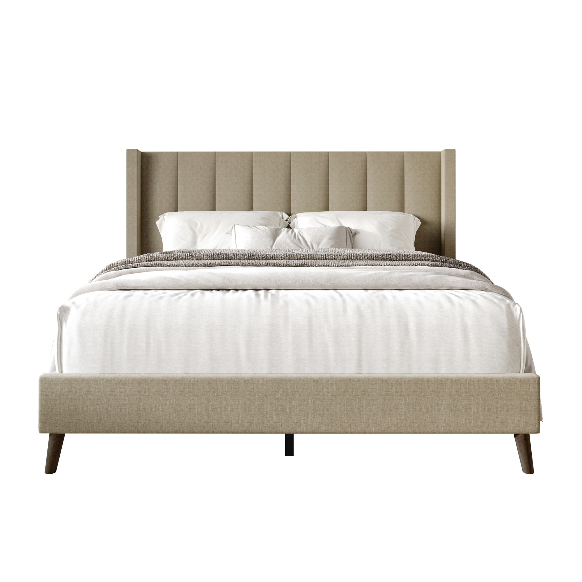 Home Design Cranston Full Upholstered Panel Bed with Wingback Headboard and Vertical Channel Tufting, Dark Beige, Easy Assembly