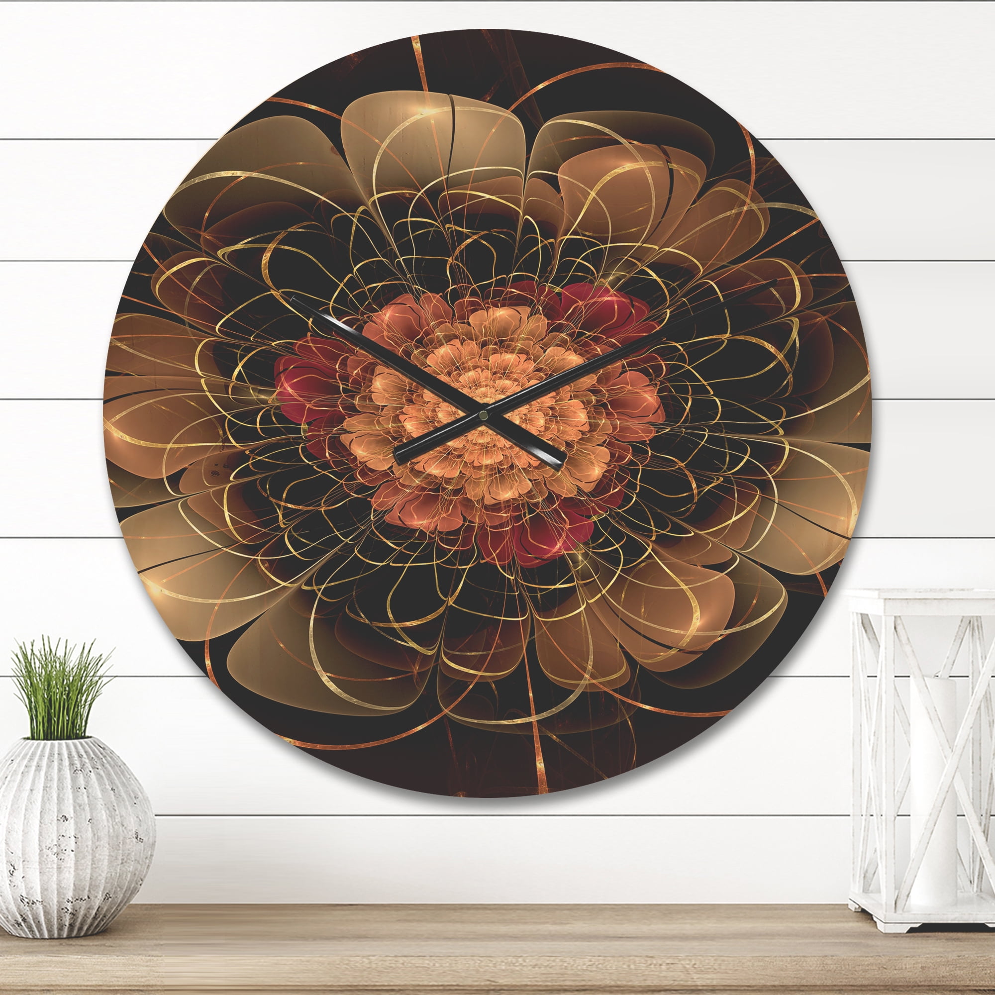 Designart 'Red Dark Gold Fractal Flower Pattern ' Modern Wood Wall Clock