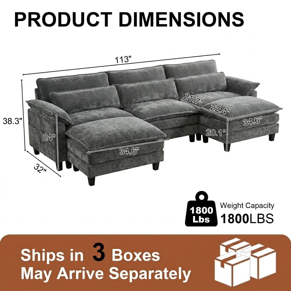 Howcool Cloud Couch Modular Sectional Sofa 3 Seat 113" U Shaped Convertible Couch Chenille Thick Cushion with Ottoman, Removable & Washable Cover for Living Room, Grey
