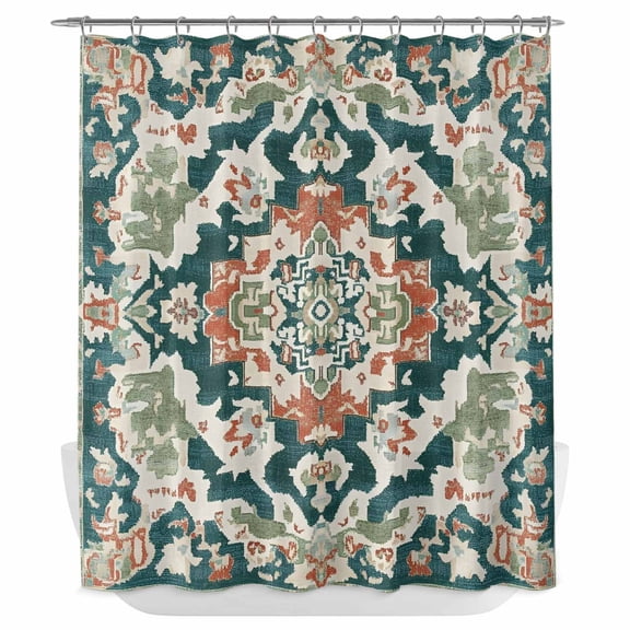 Xipuska Teal Green Boho Boho Shower Curtain - Water Repellent Fabric Shower Curtains Washable, Abstract Medieval Vintage Floral Decorative Polyester Cloth Bathroom Curtains Modern Bath Decor 72"x72"