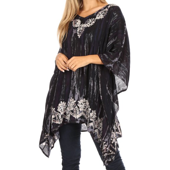Sakkas Alizia Lightweight Embroidery Batik Top Tunic Blouse Caftan Cover up Poncho - Blue / Black - One Size Regular