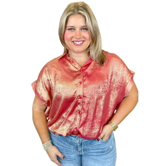 Plus Size Women's Rose Red Metallic Sheen Short Sleeve Button Up Shirt | [ZhiHiMeRi] | (US 14W-16W)1X