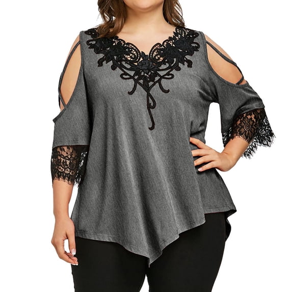 Bescita Large Size Women Lace Off Shoulder T-Shirt Short Sleeve Casual Top Blouse GY/M