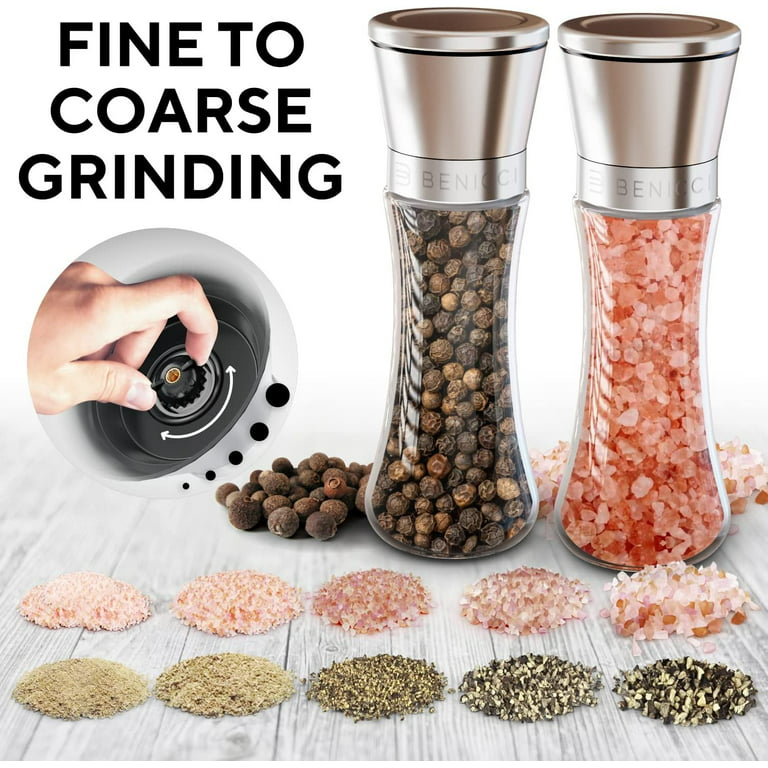  Salt and Pepper Grinders Refillable ​Set, Beech Wood Pepper Mill  with Ceramic Mechanism, Solid and Durable Salt Grinders Suited for Sea Salt,  Black Peppercorn (8'', Brown Set of 2): Home 