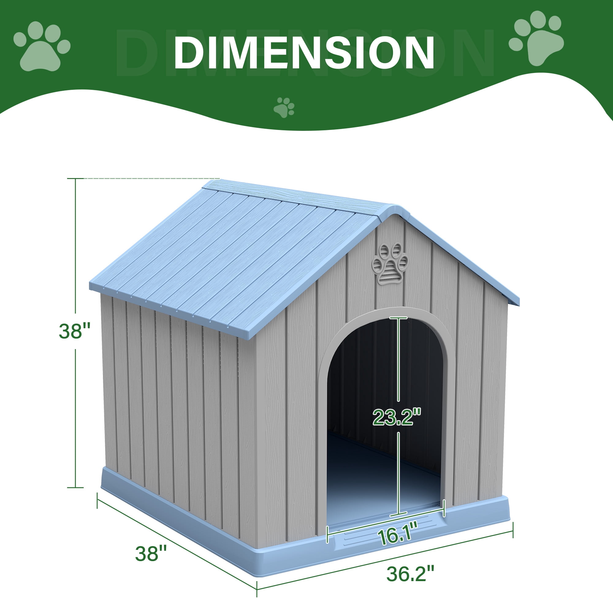 Nihsuao Dog House for Medium Large Dogs, Durable PP Waterproof Outdoor & Indoor Dog Shelter with Air Vents, Elevated Floor, Easy Clean and Assemble, Blue (36.2"L×38"W×38"H)