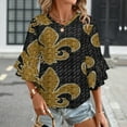 thumbnail image 3 of Black And Gold Fleur De Lis Women's V-Neck Blouse With 3/4 Ruffled Bell Sleeves Casual Top Ladies Blouses, 3 of 7