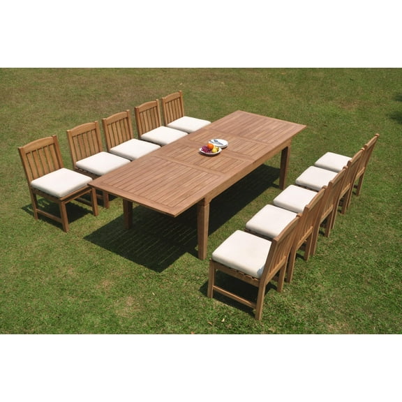 Grade-A Teak Dining Set: 10 Seater 11 Pc: 122" Caranas Double Extension Rectangle Table And 10 Devon Armless Chairs Outdoor WholesaleTeak #WMDV55