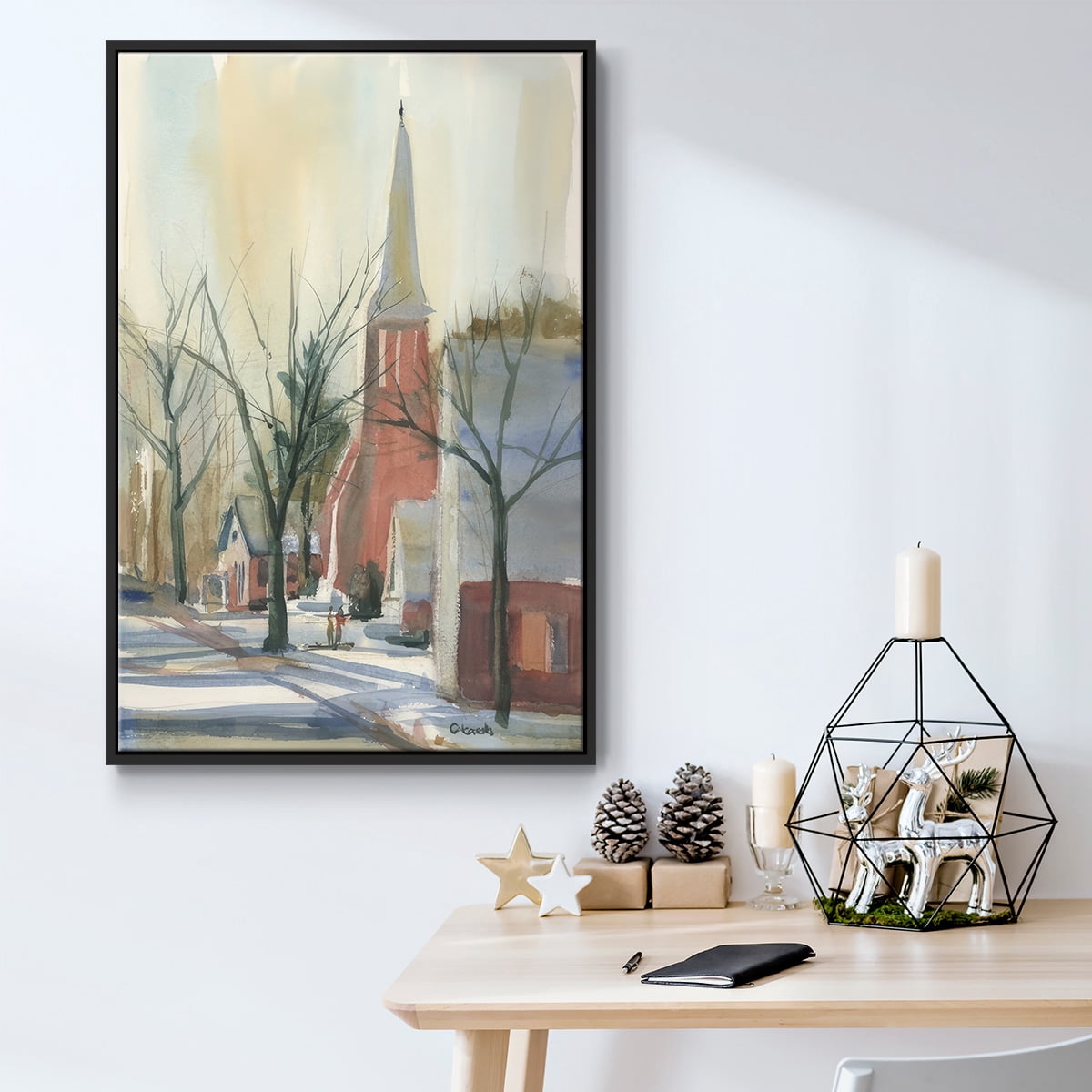 New England Main Street - Framed Gallery Wrapped Holiday Canvas - 27 x 41 - Black Frame