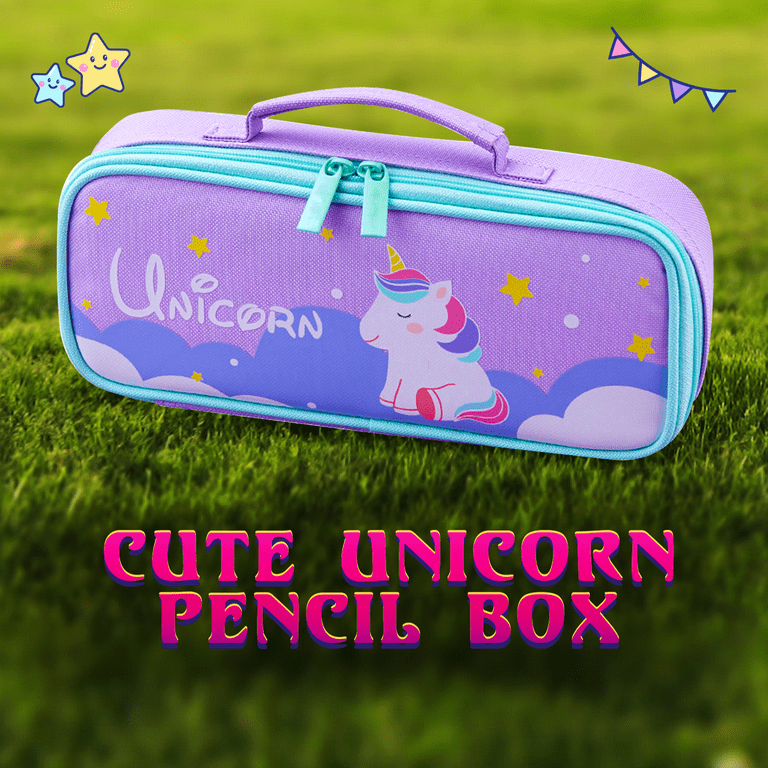 Marigold Cute Unicorn Pencil Case- Pen Holder Box with Pouch Bag Stationery Organizer, Cute Pencil Bag with Metal Zipper - Purple