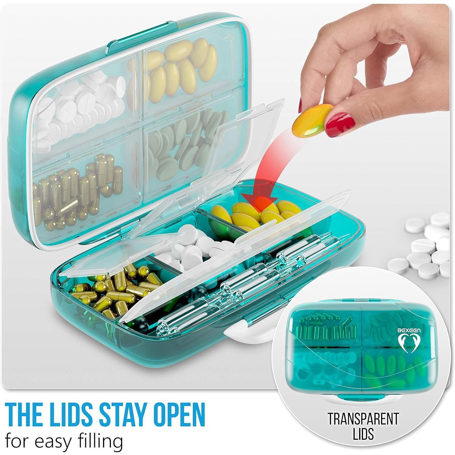 Pill Organizer Airtight Pill Box Large Pill Dispenser Home Travel Supplement Holder Portable Vitamin Sorter Jumbo Size 8 Compartment Airtight Vitamin Container Daily Medicine