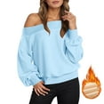 thumbnail image 2 of Off Shoulder Fleece Lined Sweatshirts For Women Long Sleeve Crew Neck Cropped Pullover Tops Fall Y2K Shirts, 2 of 8