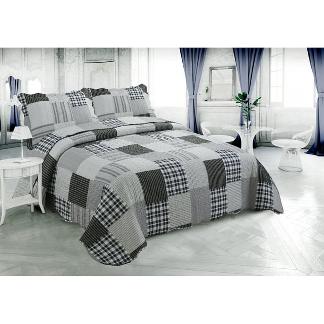 Ultra soft summer bedding quilt set featuring modern grey plaid pattern with rich printed stitching and matching quilted shams on bed.