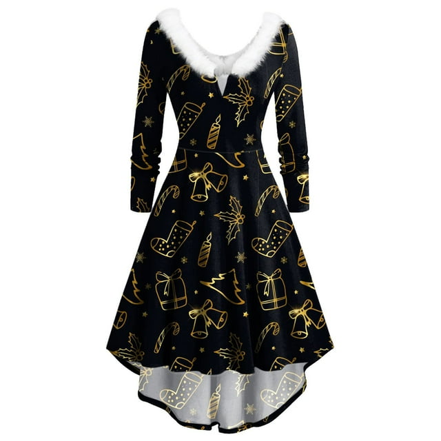 Long Sleeve Dress Women Long Sleeve Christmas Printed Furry V-Neck Draw Back Swing Party Dress Long Sleeve Summer Dress Summer Long Dress for Women Long Summer Dress for Women