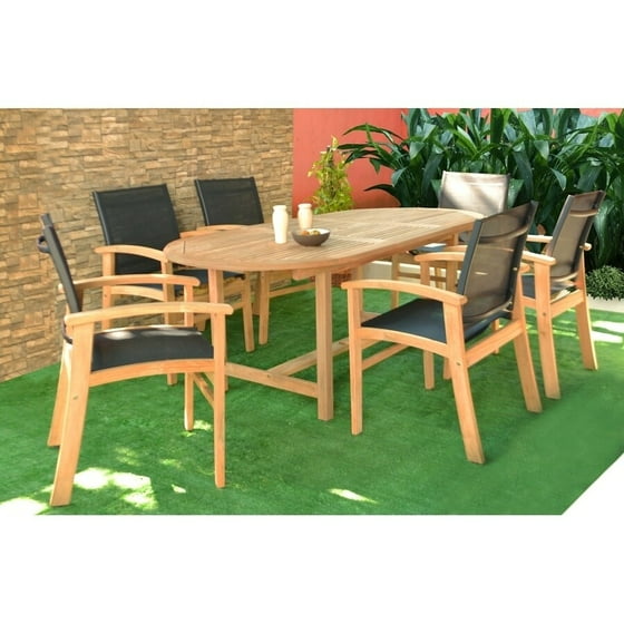 Ia Teak Luna 7 Piece Rectangular Patio Dining Set With Textile Sling