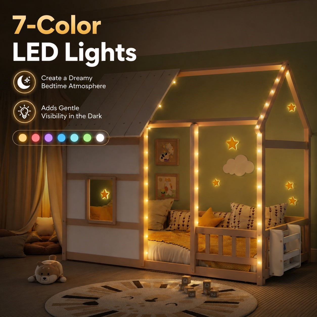 Miniyam Montessori Floor Bed with Roof and Guardrails, Kids House Bed Frame with LED Lights and Bookshelf, Natural Wood & White