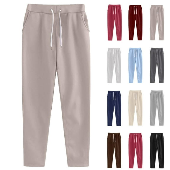 Under $8 Sweatpants For Women Plus Size Winter Solid Color Elastic Waist Warm Pants Athletic Jogger Drawstring Lace-Up Trousers with Pockets on Clearance Khaki L