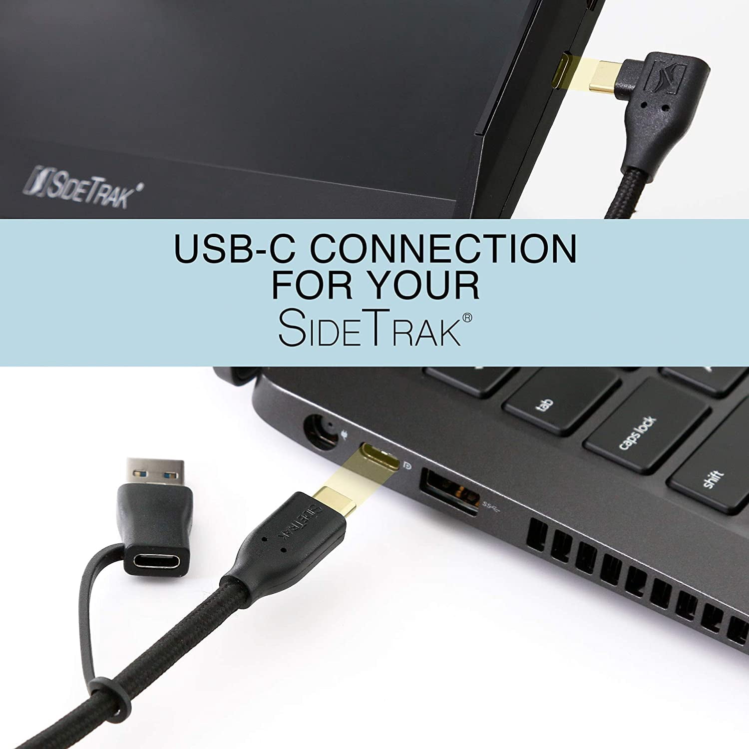 SideTrak USB-C to USB-C Cable & USB-A Adapter | Durable, Flexible, Tangle-Free Braided Nylon Cord | 3ft | Black