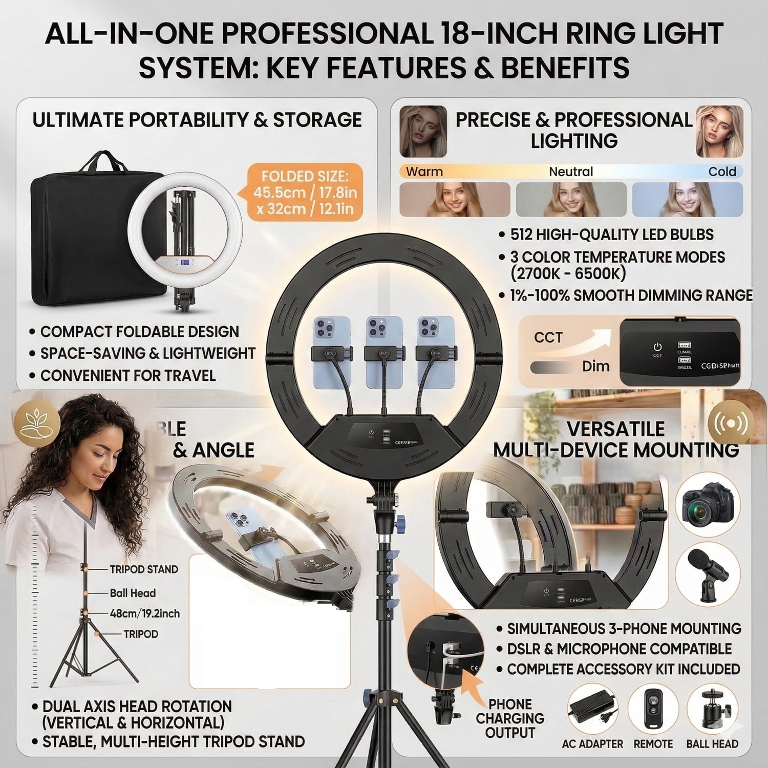 18” Foldable LED Ring Light with Stand for iPhone & iPad, Dimmable 2700-6500K with LED Display, 2 USB Ports & 4 Phone/Tablet Holders – Perfect for Makeup, Tattoo, Barber, Studio & Video Recording