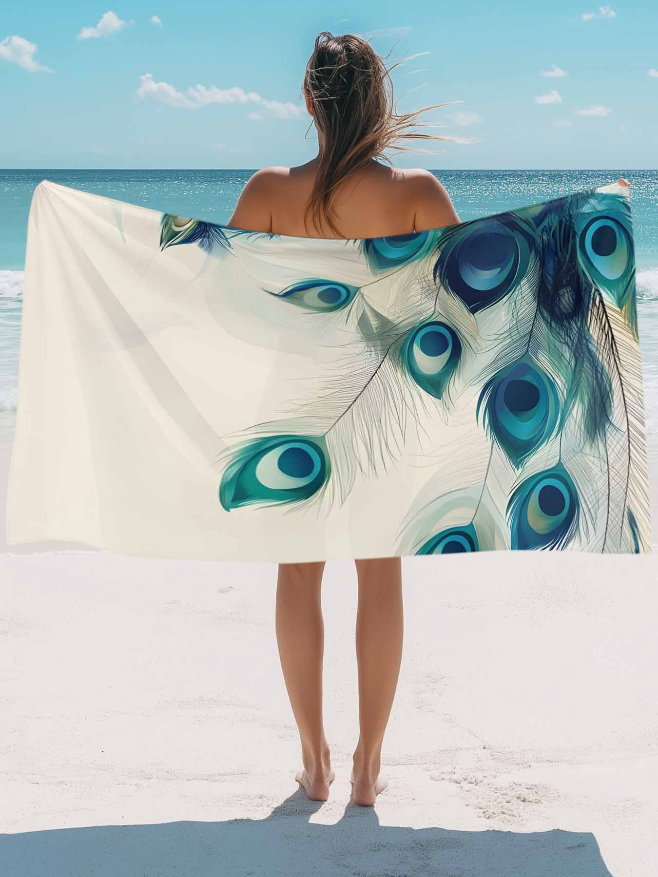Teal Turquoise Peacock Print Beach Towels Blanket Soft & Absorbent Quick Dry Microfiber Cream Color Pool Towels for Swimming ,Yoga, Sports, Gym, Camping,Large 30X60in,