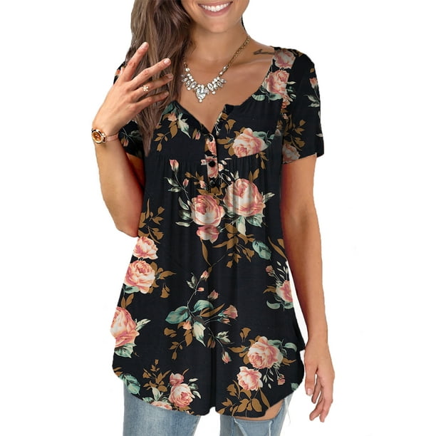 a.Jesdani Womens Plus Size Tunic Tops short Sleeve Casual Floral Henley ...