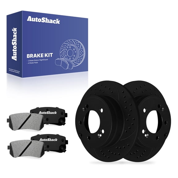 AutoShack Rear Solid Drilled & Slotted E-Coated Brake Rotors Black Finish   Ceramic Pads 6-PC Brake Kit Replacement for 2016-2019 Hyundai Sonata 2016-2020 Kia Optima NightGuard 11.18" (284 mm)